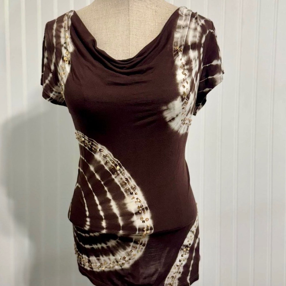 INC International Concepts L Brown Tie Dye Beaded Cowl Neck Y2K Whimsigoth Top